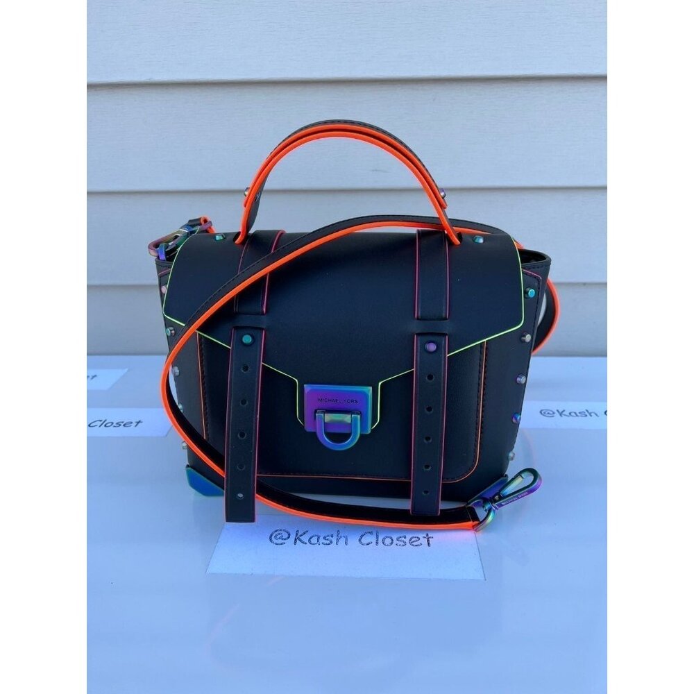 Michael Kors satchel manhattan medium leather contrast trim satchel black